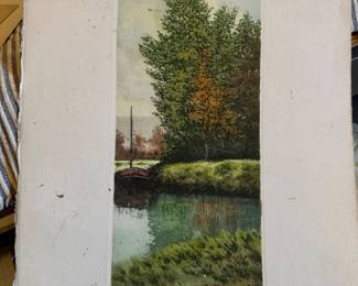 Hand-Colored Etching of Canal Landscape, Original Work on Paper