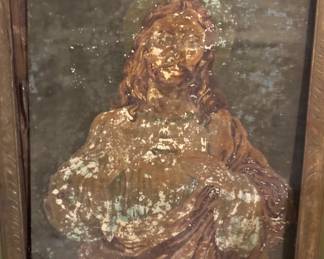Pair of Religious Madonna & Child Folk Art Paintings in Carved Wood Frames