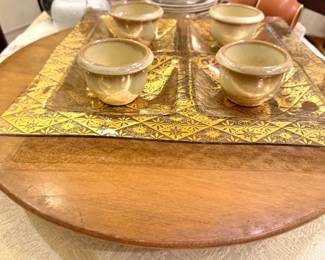 Wood Lazy Susan with Georges Briard Glass Tray & Four Ceramic Condiment Bowls