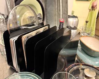 Mid-Century Modern Black Metal Vertical Bakeware & Cutting Board Organizer Rack