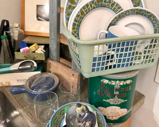 Mid-Century Modern Geometric Blue & Green Ceramic Dinnerware Set with Plates, Bowls & Cups