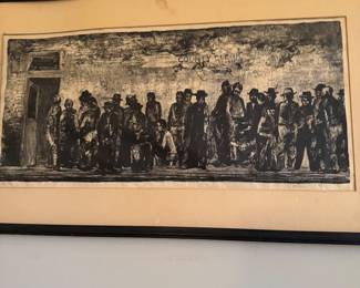 Signed Social Realist County Clerk Queue Figural Etching / Lithograph, Framed