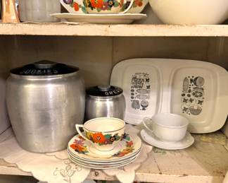Finel Finland Floral Enamelware & Mid-Century Kitchenware Collection with Mushroom Bowl, Serving Trays, Aluminum Canisters, Cups & Saucers