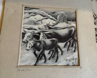 Ernest Fiene (1894–1965) Signed Cattle in Winter Landscape, Work on Paper