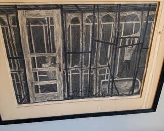 Signed Architectural Window & Fire Escape Charcoal Drawing, Framed
