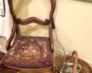 Carved Wood Armchair with Floral Needlepoint Seat