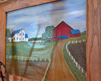 American Folk Art Farm Landscape Oil Painting with Red Barn & Farmhouse