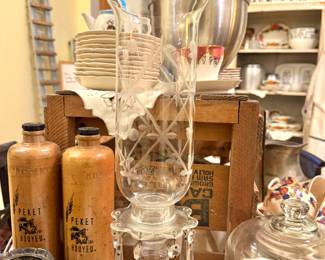 Etched Glass Hurricane Lamp with Crystal Prisms