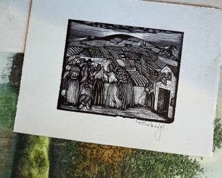 European Figural Landscape Woodcut, Original Print