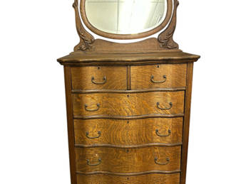 Lot 49: Antique Oak Serpentine Tilt Mirror Dresser