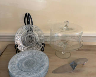 Lot 144: Clear Depression Glass and Cake Dish