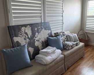 Double bench, decorative pillows, world map on canvas