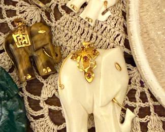 14kt Ruby Accent Elephant Pendants, 14kt Tiger's Eye, Malachite Pendant 
