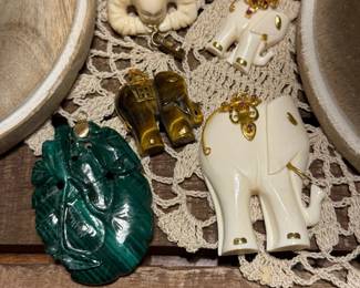 14kt Ruby Accent Elephant Pendants, 14kt Tiger's Eye, Malachite Pendant 