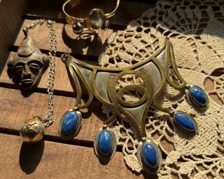 Morita Gil Necklace w/Lapis Lazuli Cabochons, Artistic Baroque  Pearl Cuff Bracelet, Sterling Globe bell Pendant 