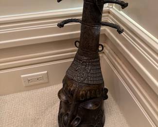 African Benin Bronze Oduduwa Helmet Mask or Ceremonial Tusk Stand