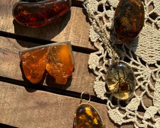 Amber Brooches with Sterling, Amber Pendants