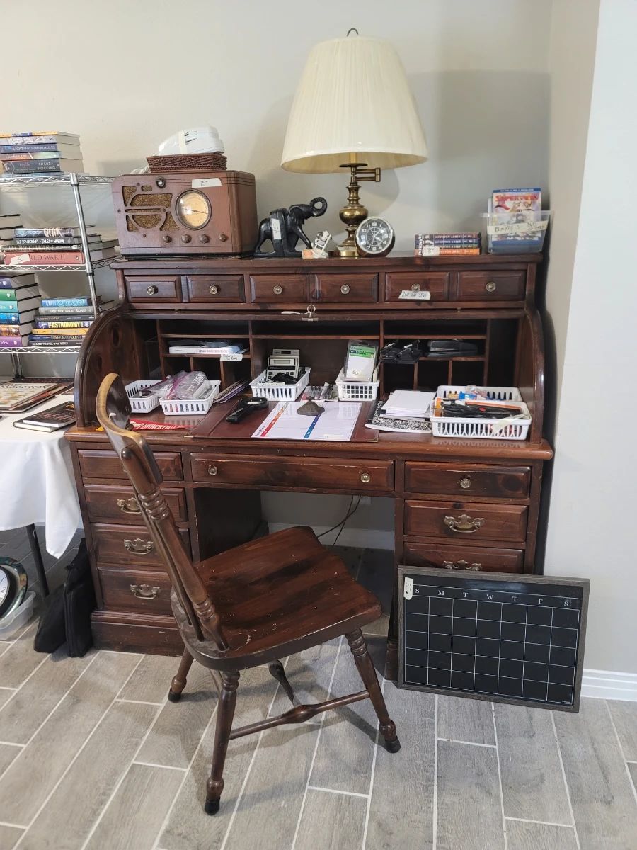 Kling Colonial Roll Top Desk, Vintage Sears 1930's Silvertone Clock Radio, Office Supplies