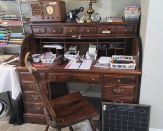 Kling Colonial Roll Top Desk, Vintage Sears 1930's Silvertone Clock Radio, Office Supplies