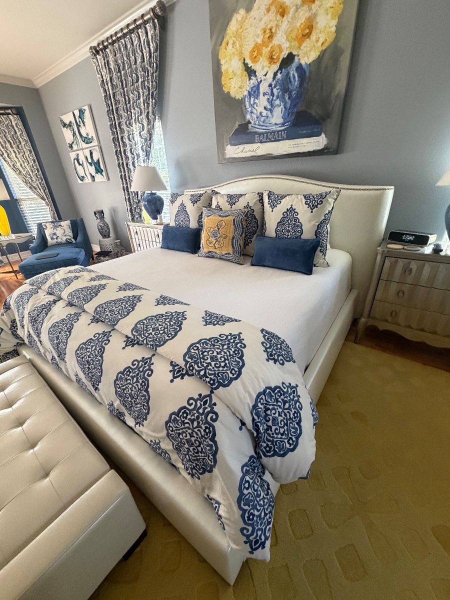 All furn is available for pre-sale. King size Broyhill vinyl headboard footboard and mattresses. Bedding is sold separately