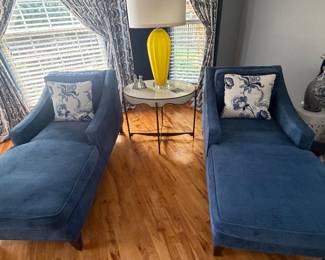 2 matching blue fabric chaise lounges sold separately by Brayton Culler