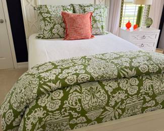 2 bedroom sets with queen beds. Includes bed and mattresses and nightstand and matching dresser. Custom made bedding is sold separately