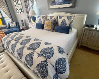All furn is available for pre-sale. King size Broyhill vinyl headboard footboard and mattresses. Bedding is sold separately