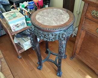 Late Victorian or Rococo Revival Carved Pedestal Stand with a Marble Inset Top