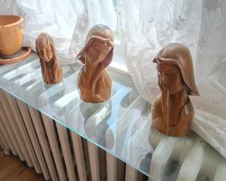 Set of 3 Hand Carved Wooden Bust Sculptures