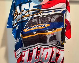 This is a Chase Elliott NAPA Patriotic Sublimated All-Over Print T-Shirt featuring a bold red, white, and blue racecar graphic.