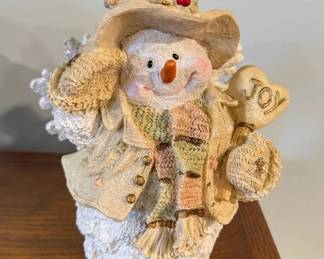 This is the Dicksons SnoFlake Angels JOY Snowman Figurine, crafted from pastel-tinted, glittery resin.