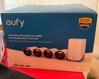 The eufy Security eufyCam E330 (Professional) 4-Cam Kit, a wired 4K outdoor security camera system with continuous recording. PLEASE NOTE - THERE ARE ONLY 3 CAMERAS IN THE BOX.
