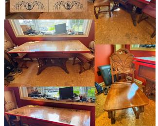 Charming vintage porcelain enamel-top kitchen table with a faux woodgrain finish, accented by deer and floral details. The draw-leaf design makes it perfect for compact spaces. Paired with a beautifully carved wooden side chair featuring folk art-inspired floral details and decorative ball accents.
