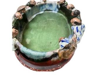 Antique Japanese Sumida Gawa Pottery Bowl With 10 Figures Signed