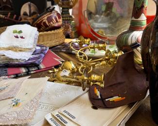 Brass sconces, antique linens