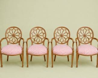 Set of 4 Hollywood Regency Wheel Back Arm Chairs - Dining Chairs with Spider Web Back,