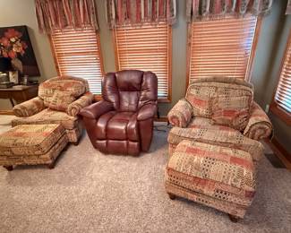 Leather Lift Chair and Matching Chairs with Ottomans