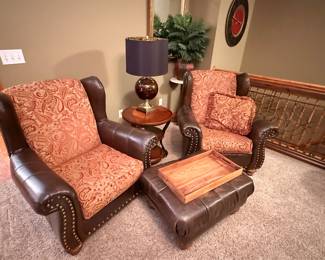 Leather and Cloth Riveted Chairs with Ottoman