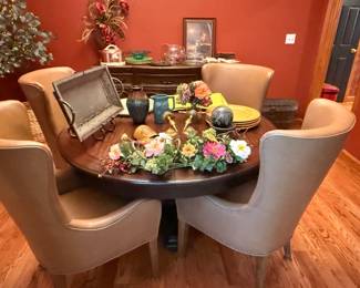 Round Dining Room Table with Leaf and Four Leather Chairs