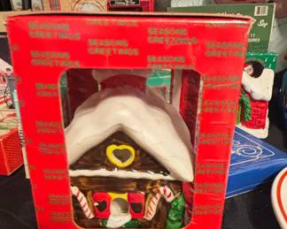 Vintage Ceramic Lighted Gingerbread House Decoration - "Seasons Greetings"