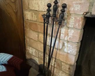 Vintage Cast Iron Fireplace Tool Set with Ball Finials and Stand