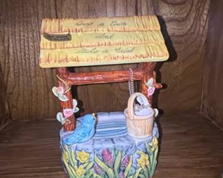 Vintage Ceramic Wishing Well Coin Bank with Bluebird and Floral Accents