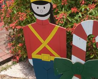 Hand-Painted Wooden Toy Soldier Yard Decoration with Candy Cane