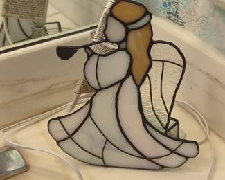 Vintage Stained Glass Angel Lamp with Harp