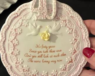 Vintage Porcelain 40th Anniversary Commemorative Plaque with Doves and Rose