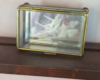 Vintage Mexican Etched Glass and Brass Bird Trinket Box