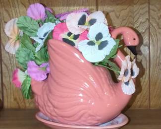 Vintage Pink Ceramic Swan Planter with Saucer - Hollywood Ware California Pottery