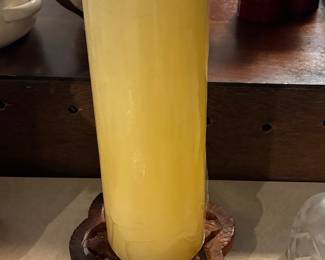 Vintage Decorative Pillar Candle on Carved Wooden Coaster