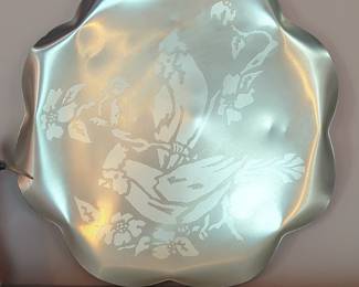 Vintage Hand Wrought Aluminum Serving Tray with Cardinal and Floral Design