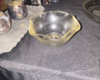 Vintage Yellow Tint Glass Ruffled Edge Serving Bowl